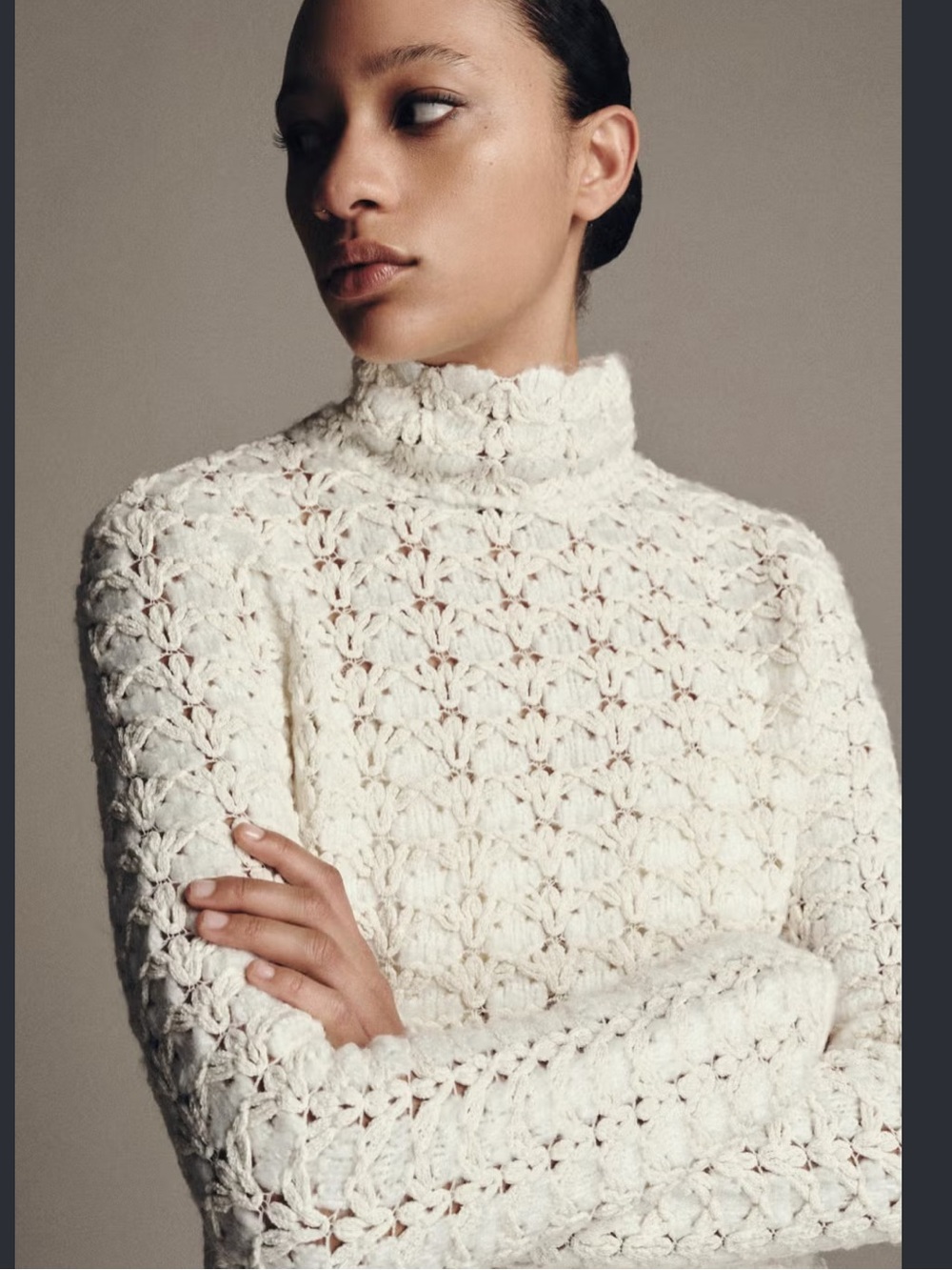 Zara Ecru Textured Crochet High Neck Sweater S NWT